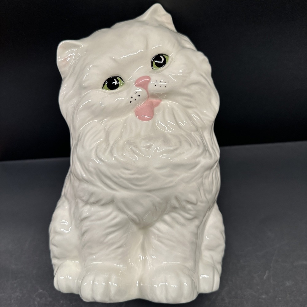 Vintage Ceramic White Persian Cat Figure Statue Long Haired Tongue 10" Sitting